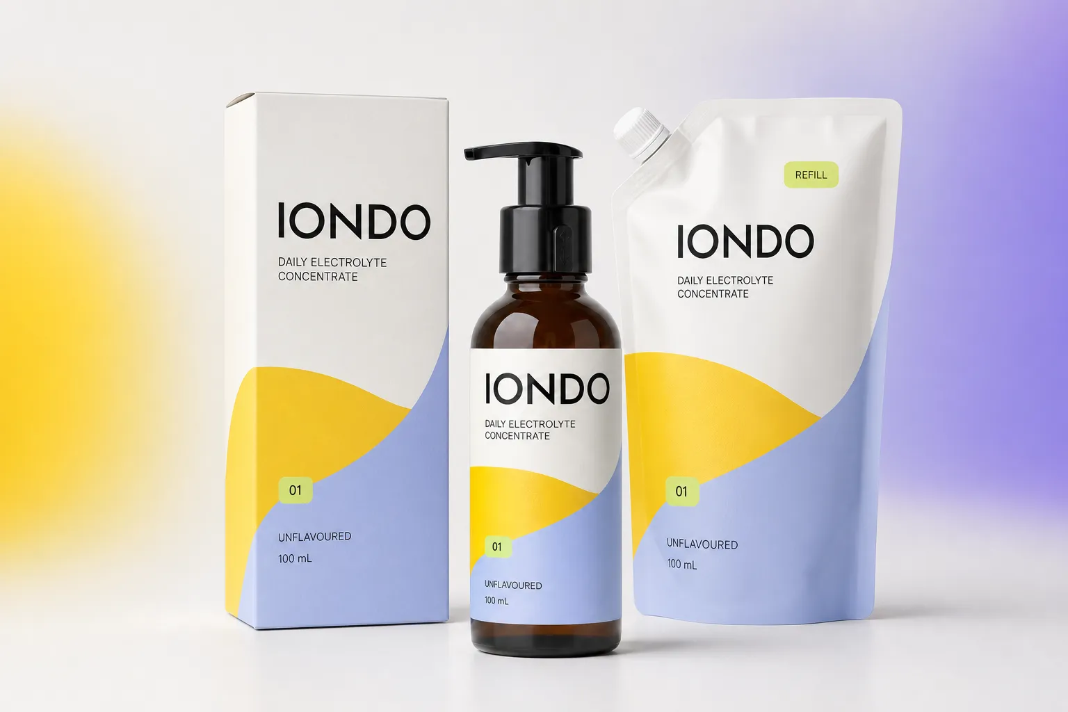 IONDO 01 bottle, carton and refill pouch